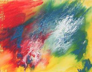 Acrylbild von ArtbyGabyMorath, stellt die vier Elemente dar, rot, blau, grün, gelb, weiß,